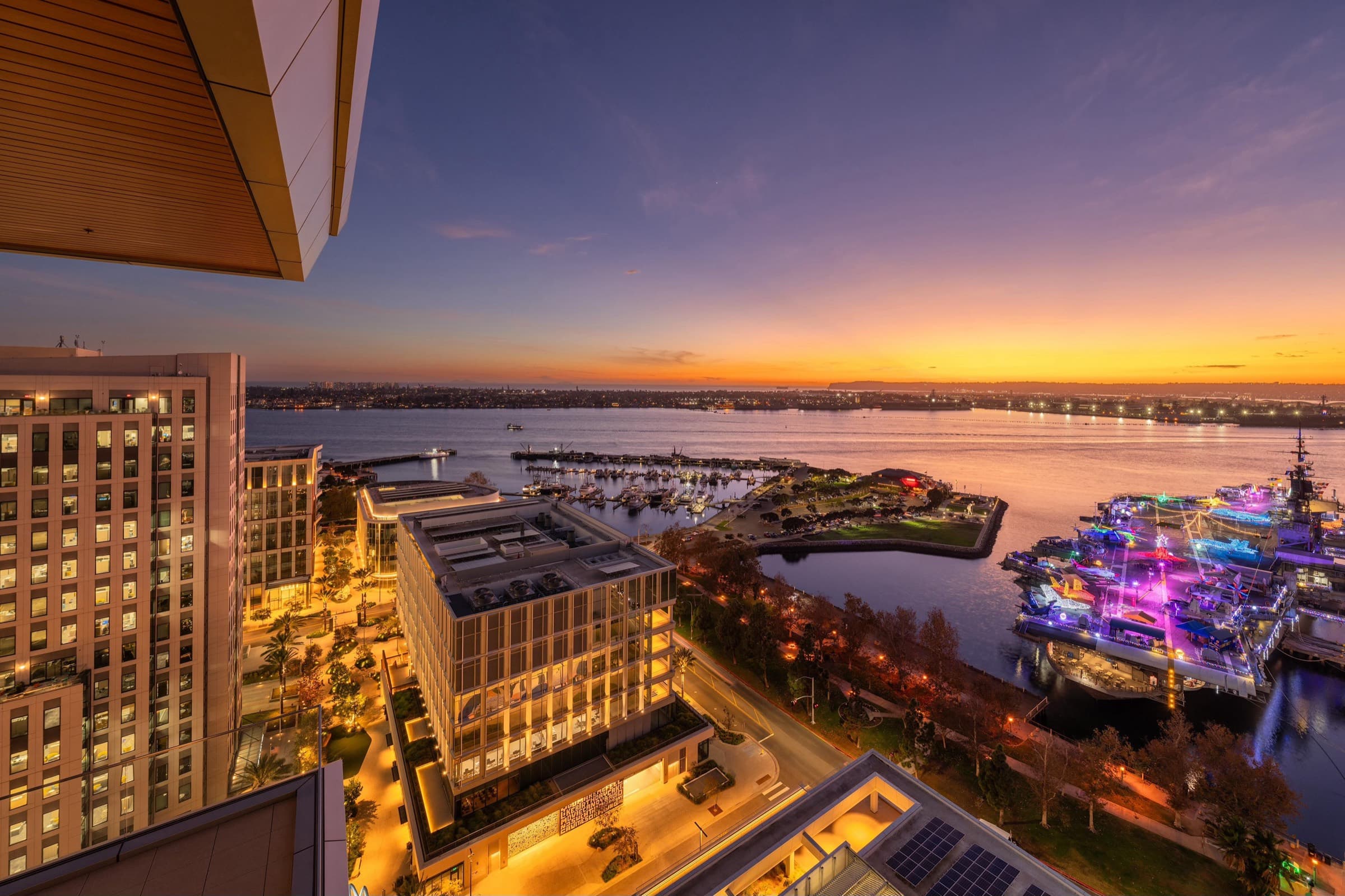 Downtown San Diego and the bay at dusk